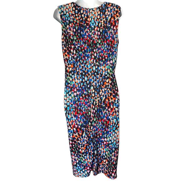 Donna Ricco Twisted Asymmetrical-Hem Printed Sheath Dress Women's 8 Navy Multi - Picture 3 of 7